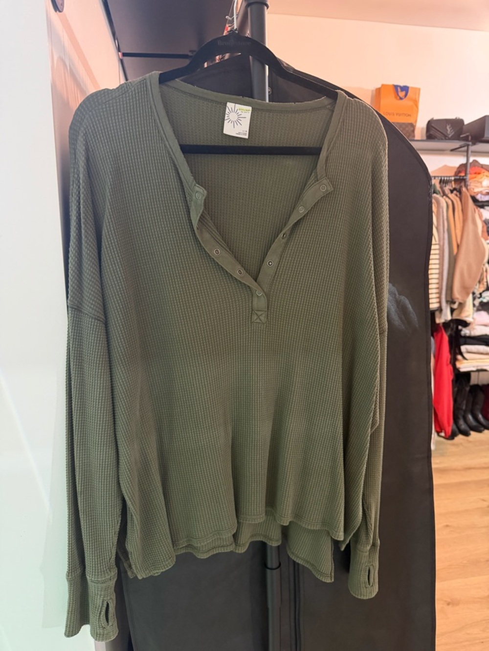 Olive Green Waffle Henley Long-Sleeve Top